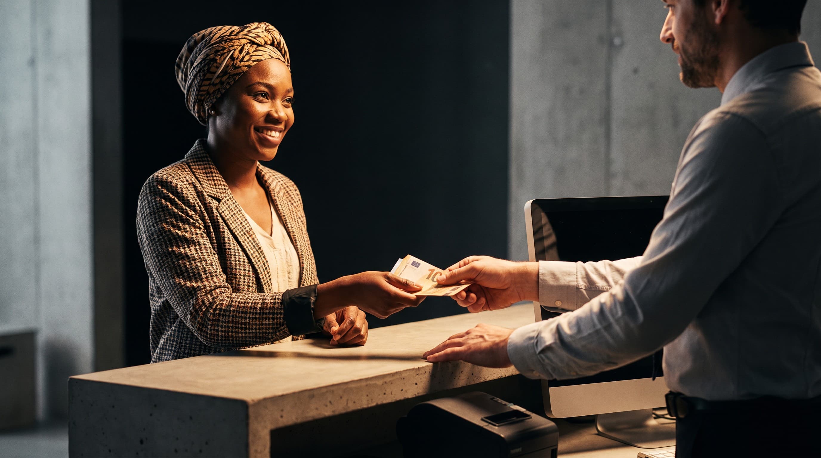 Cliente remettant un envoi d'argent à un agent au comptoir d'une agence Nouhou.