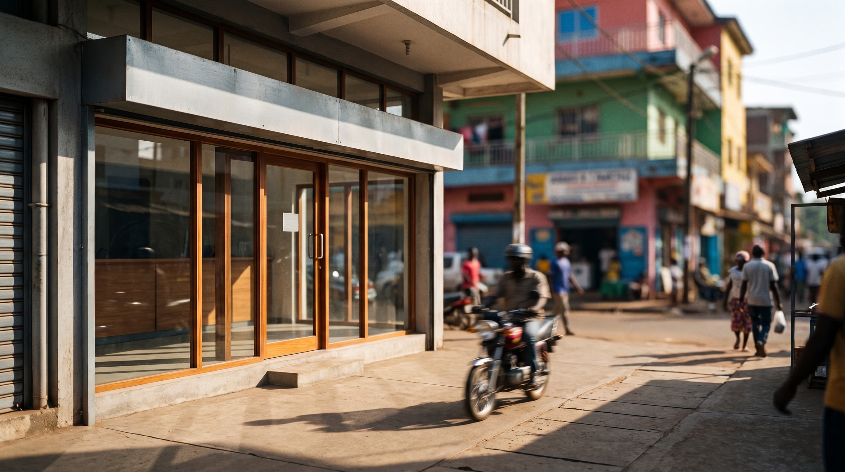 Devanture d'une agence de quartier à Conakry, rue animée en lumière du jour.